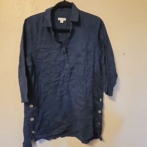 J Jill Love Linen 100% Linen Tunic Blouse Top Button Navy Blue S